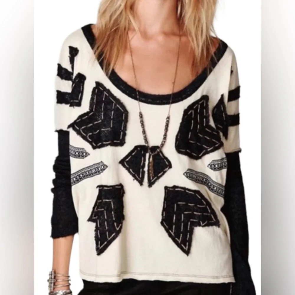 Free People Nordic Compass Top Arrow Knit Long Sleeve Oversized Tee Boho Size XS - Picture 1 of 13
